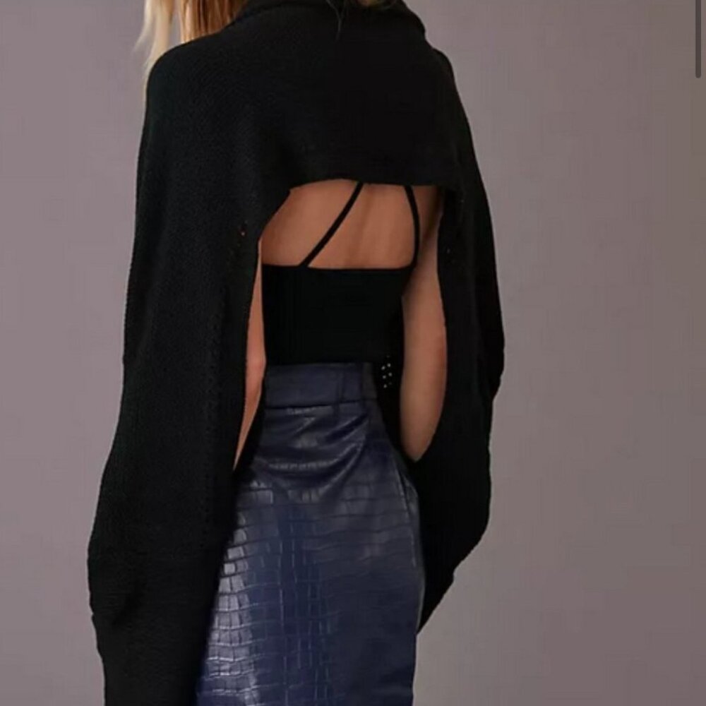 Anthropologie Maeve OS NWT Black Knit Cropped Collar Sweater Shrug